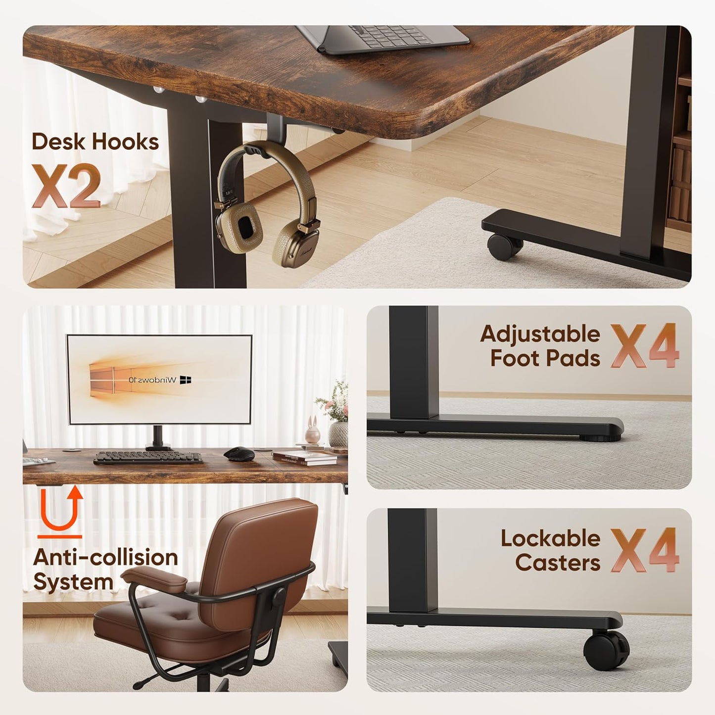 55" Electric Standing Desk,Height Adjustable Home Office Sit Stand up Computer PC Table,Tall Standup Workstation, Gaming Writing Study Bedroom Rising Desks,Brown